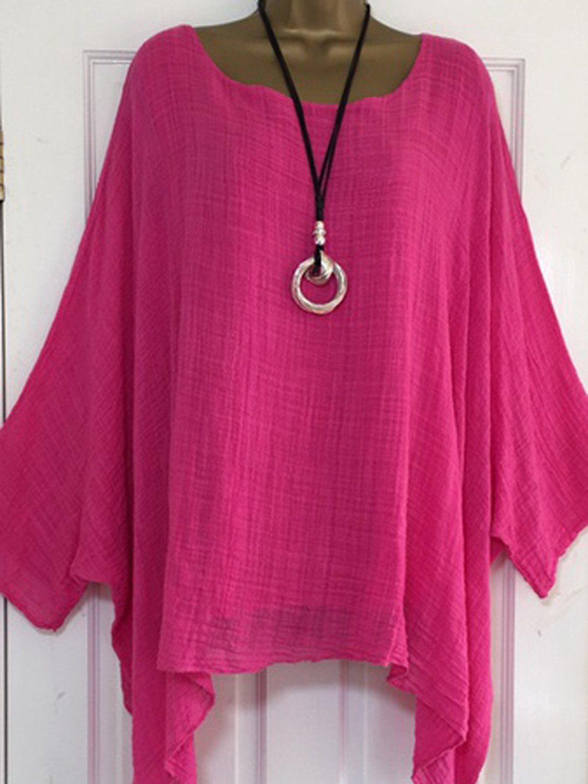 Cotton-Blend Loose Casual Solid Crew Neck Shirt & Blouses